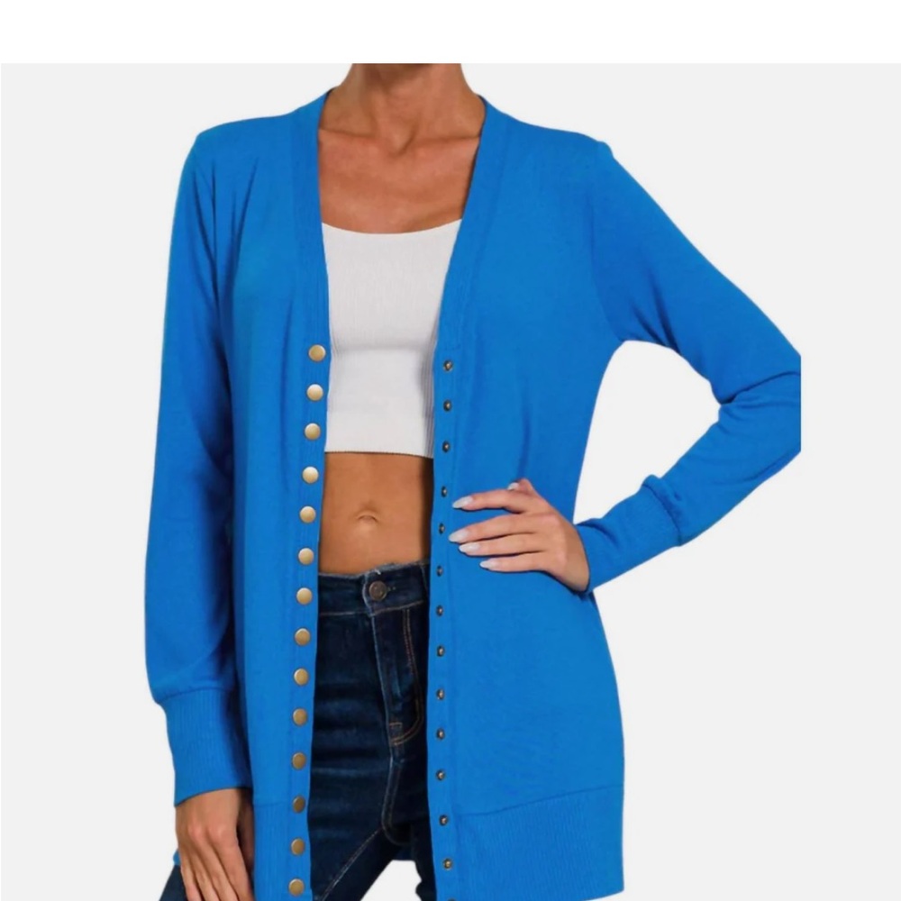 NEW Women’s Zenana Ocean Blue Snap Front Cardigan Women’s Med-Lg Long Sleeve - Picture 1 of 4